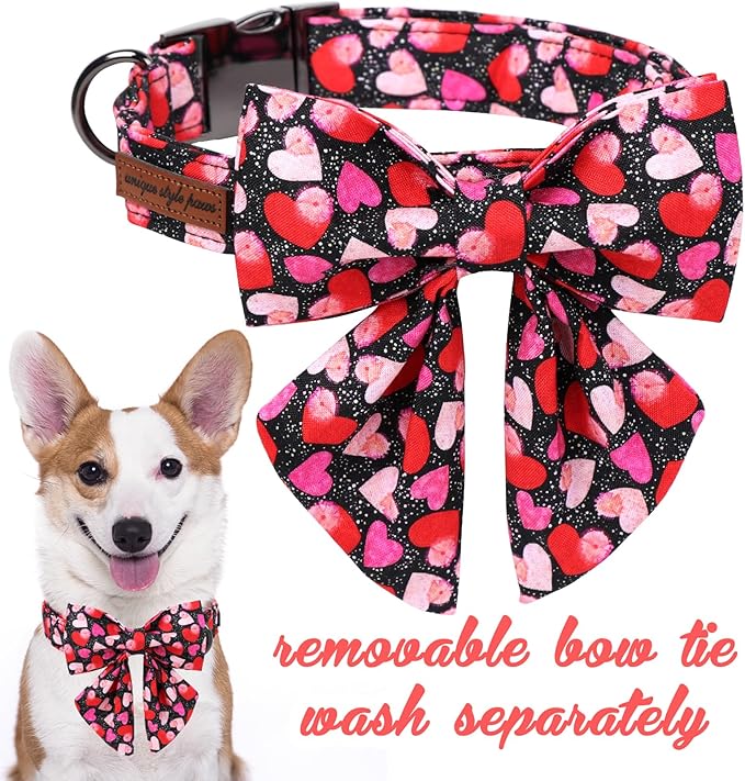 Unique Style Paws Valentine's Day Dog Collar with Bow Colorful Heart Love Dog Collars for Small Medium Large Dog New (XL, Black Bowtie)