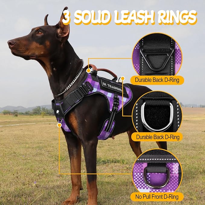 Service Dog Vest - HEYCAHVA Tactical Dog Harness Full Metal Buckles Dog Vest for Large Medium Dog Reflective No Pull Dog Harnesses Vest with Leather Handle, Hook & Loop for Hiking Training(Purple, L)