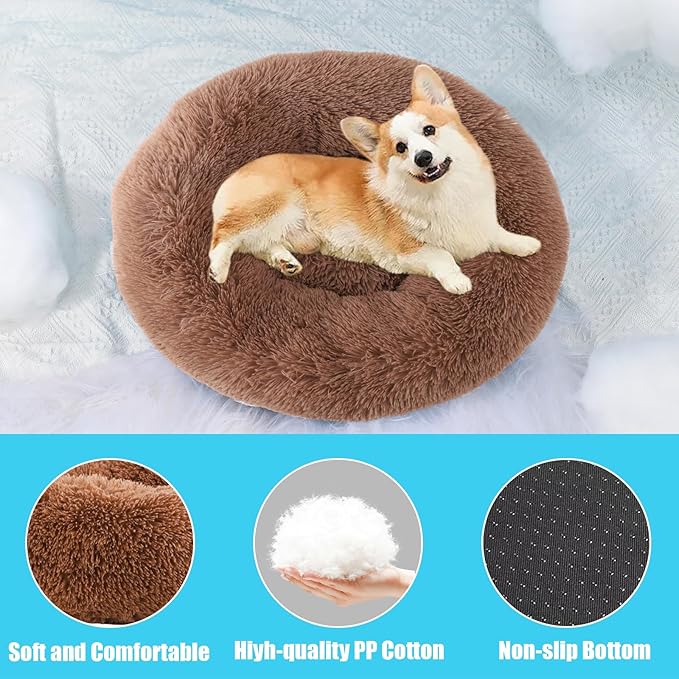 HYQ Small Dog Bed, Cat Beds for Indoor Cats, Pet Beds for Small Dogs, Fluffy Faux Fur Plush Small Dog Bed, Washable Puppy Bed with Anti-Slip Bottom, Dog Bed Small Size Dog (Khaki, 20 Inch)