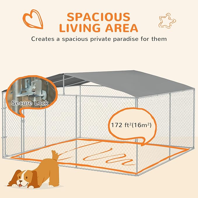 PawHut Large Dog Kennel Outside, Heavy Duty Dog Cage with Waterproof Cover, Outdoor Fence Dog Run with Galvanized Chain Link, Secure Lock, 13' x 13' x 7.5'