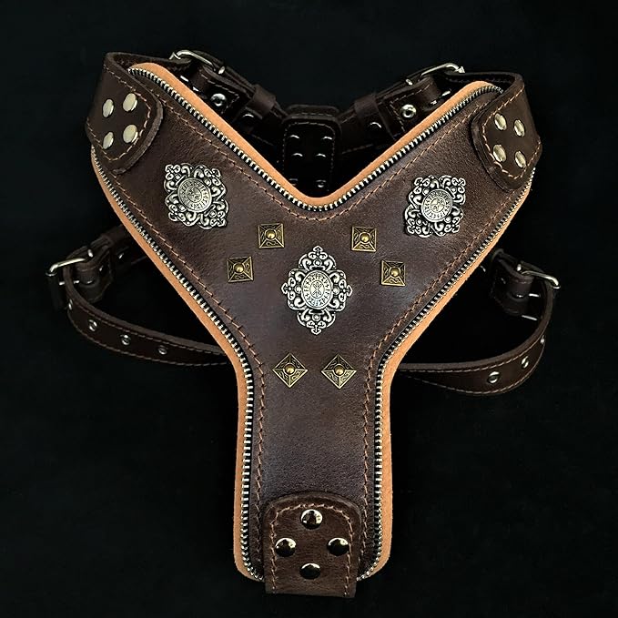 Bestia Aztec Big Dog Leather Harness. 2 Tone Rivet Decorations. Zipper Decoration. Foam and Leather Padding Handmade in Europe.