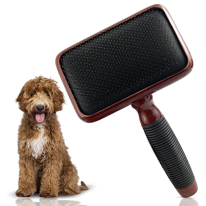 Kenchii Slicker Brush for Dogs, Professional Dog Grooming Brush for Loose Fur, Tangles, Long Short Haired, Stainless Steel Pins, Maplewood Handle (Large)