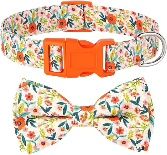 Didog Floral Dog Collar with Bow, Cute Girl Dog Collars with Detachable Bowtie, Soft & Comfy Spring Summer Dog Collar for Small Medium Large Dogs Gift Holiday, Orange, M