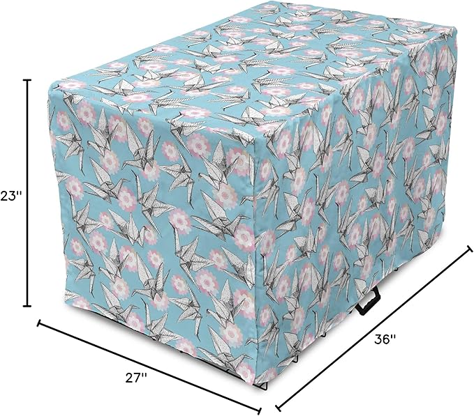 Lunarable Origami Dog Crate Cover, Japanese Tradition Paper Cranes and Cherry Blossom Petals Spring, Easy to Use Pet Kennel Cover for Medium Large Dogs, 36 Inch, Pale Pink Pale Blue White