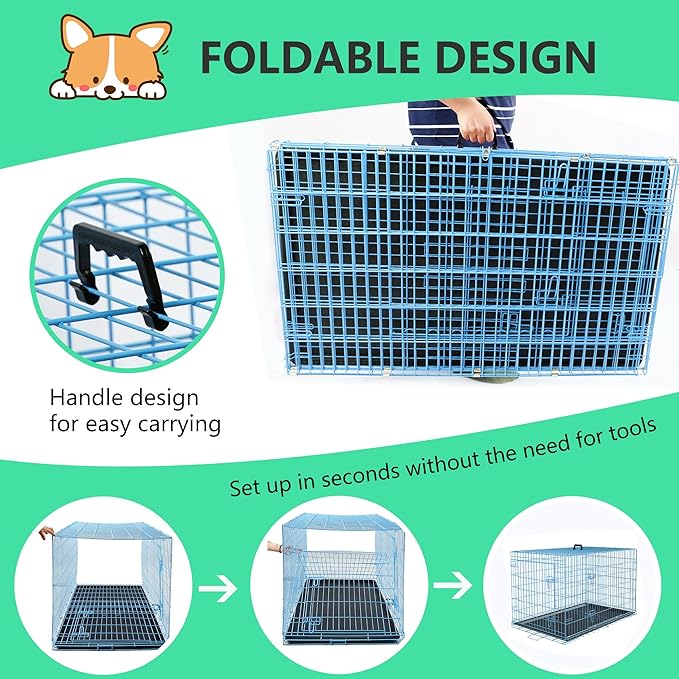 FDW 24 inch Dog Crate Dog Kennel Cage with Double Door Folding Metal Wire Dog Cage with Removable Tray&Divider Panel,Pet Crate for Small Dogs,Blue