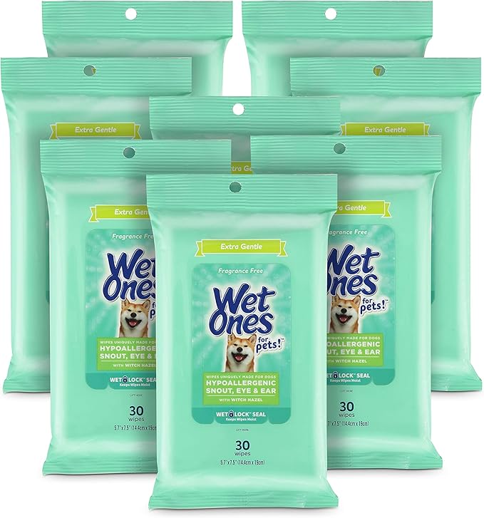 Wet Ones for Pets Extra Gentle Dog Wipes with Witch Hazel for Snout, Eye, Ear, Fragrance-Free Dog Wipes for All Dogs Wipes with Wet Lock Seal (Pack of 8, 240 Count Total)