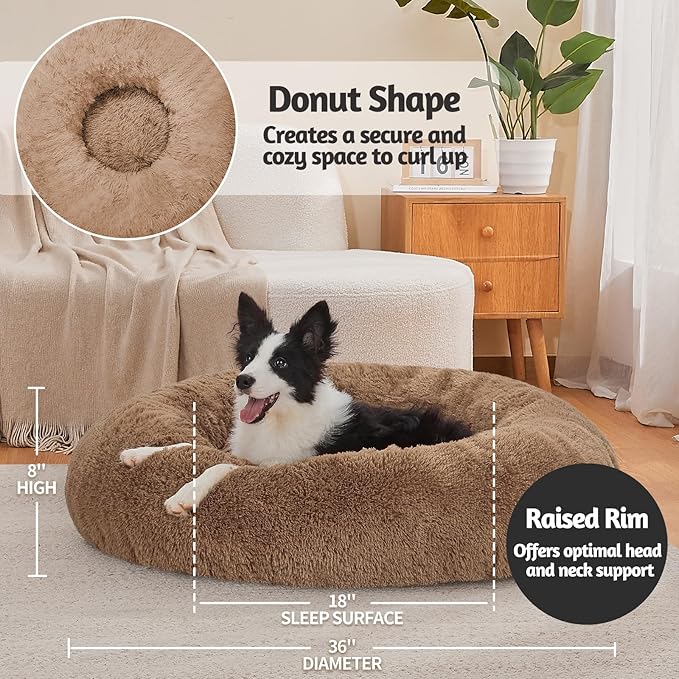 OhGeni Calming Donut Dog Bed Pillow, Machine Washable Plush Waterproof Zipper Cover, Anti-Slip Round Comfort Pet Bed, Pillow Design Cozy Warming Fluffy Fur Bed for Medium Large Dogs, Ocher, 36 inches