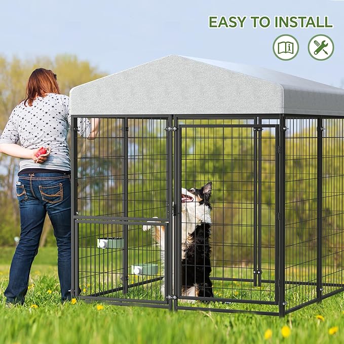 Mr IRONSTONE Large Dog Kennel Outdoor with Water-Resistant Roof Heavy Duty Outside Dog Kennel Pet Pens Dogs Run Enclosure with Rotating Feeder and Secure Lock (4'L x 4'W x 4.4'H)