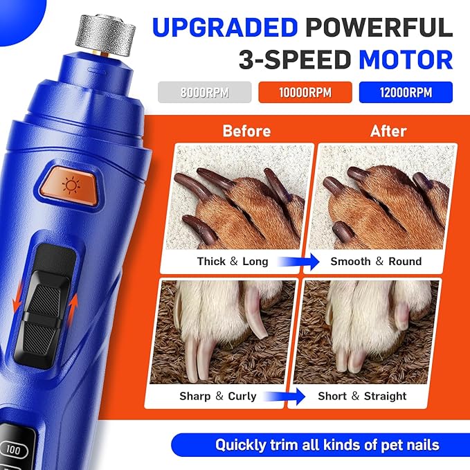 Dog Nail Grinder Super Quiet Dog Nail Trimmers 3 Grinding Wheels 3 Speed Rechargeable Pet Nail Grinder LED Display Dog Nail Clippers Kit for Large Medium Small Dogs Cats Dog Nail File Toenail Clippers