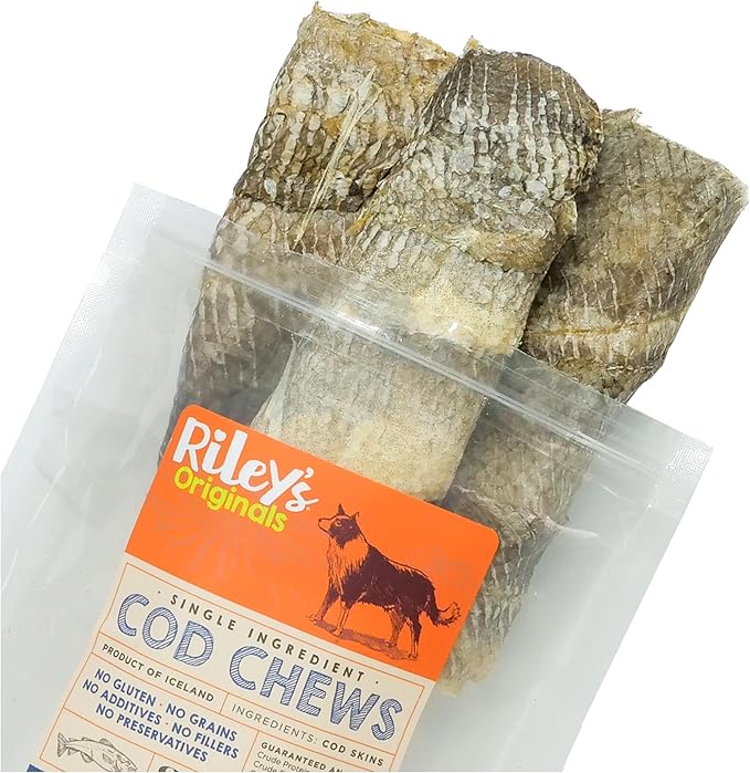 Riley's Cod Skins for Dogs - Air Dried Single Ingredient Dog Treats - Short, Hand Wrapped Cod Skin Dog Treats - Sustainably Caught in Iceland - 3 Pack 5 inch Chew Sticks
