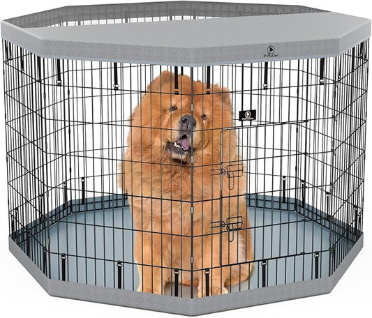PJYuCien Puppy Playpen,8 Panels 42”H Dog Playpen with Gery Bottom Pad and Grey Top Cover,Metal Foldable Dog Exercise Pen for Indoor,Better for Small Pets