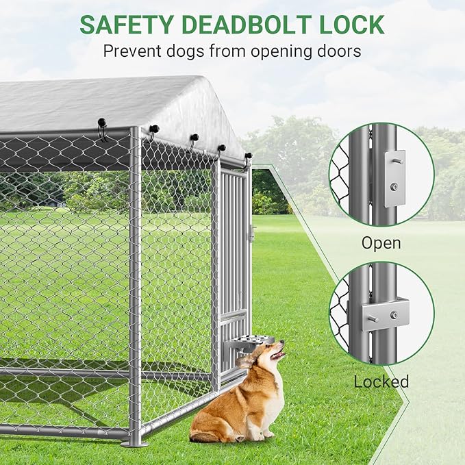 Rovibek Outdoor Dog Kennel with Roof, 6.7 X 6.7 Outside Kennel Heavy Duty Dog Run Fence with Waterproof Sun-Proof Cover, Outside Dog Playpen with 2 Stainless Steel Bowls
