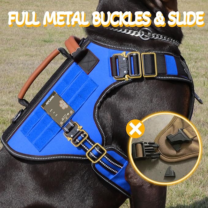 Service Dog Vest - HEYCAHVA Tactical Dog Harness Full Metal Buckles Dog Vest for Large Medium Dog Reflective No Pull Dog Harnesses with Leather Handle, Hook & Loop for Hiking Training (Blue, L)
