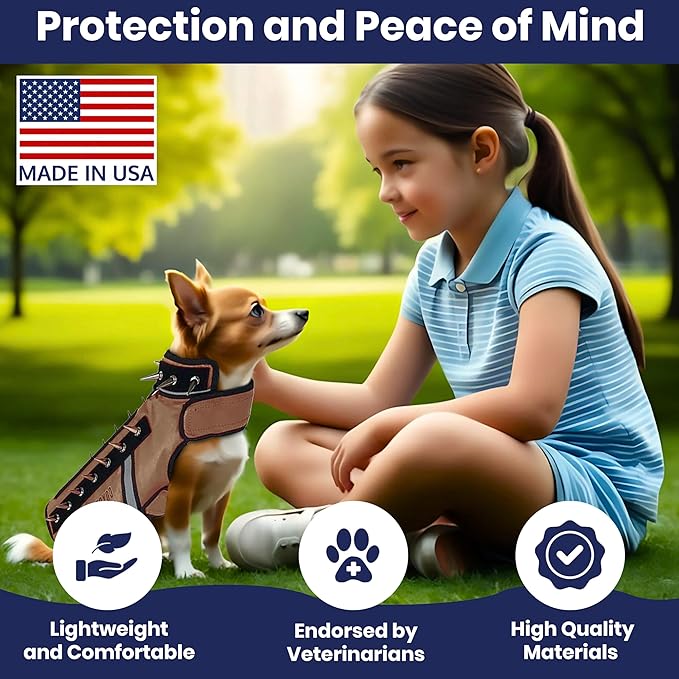 CoyoteVest SpikeVest Dog Harness Vest for Small Dogs, Reflective Dog Vest with Spikes to Shield Your pet from Coyotes, Raptor and Animal Attacks, Anti Hawk Vest, Made in USA (L-Texas Tan)