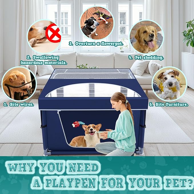 42x42x25.6 Inch Puppy Playpen with Cover, Dog Playpen for Puppies or Small Dogs, Pet Fence for Indoor & Outdoor, Sturdy Safety DogPen with Thickened Fabric, High-Strength Nylon Wire Mesh