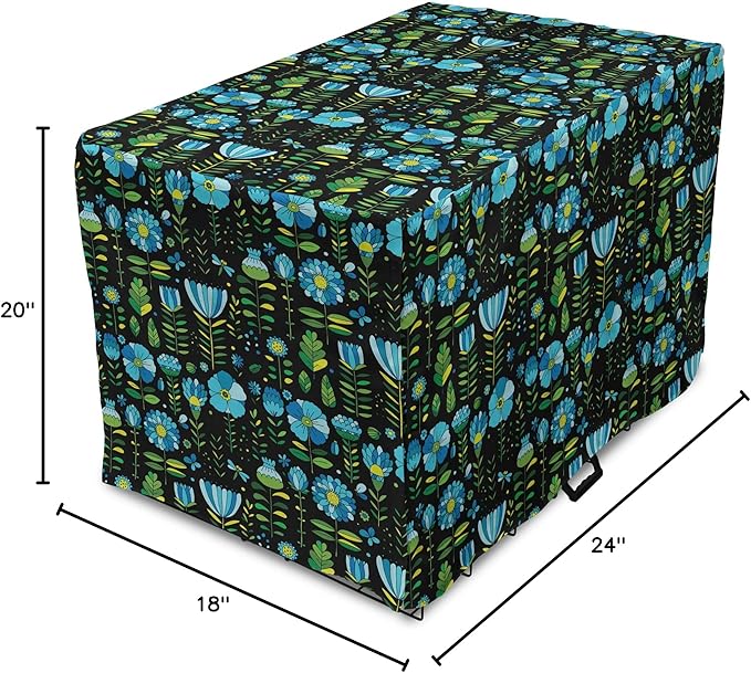 Lunarable Floral Dog Crate Cover, Abstract Flower Bouquets Dragonflies Ladybugs Butterflies on Dark, Easy to Use Pet Kennel Cover for Cats & Medium Dogs, 24 Inch, Blue Green and Charcoal Grey