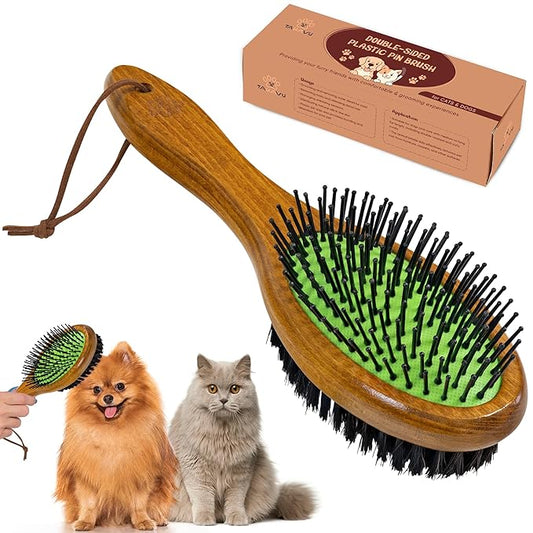 TAKAVU Dog Cat Detangling Brush, Two-Sided Pin & Boar Bristle Grooming Brush for Removing Loose Hair Dirt and Promoting Healthy Coat, De-shedding Pet Supplies Comb, Detangler Brush for Dogs, Cats