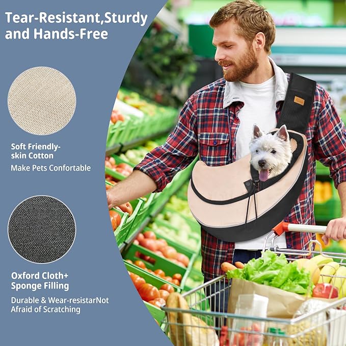 Cuby Pet Sling Carrier for Small Dogs Cats,Drawstring & Zipper Security Hook Triple Designs for Pets' Securty Dog Bag,Breathable Travel Pet Puppy Sling Carrier with Adjustable Strap(Beige,S (3-5 lbs))