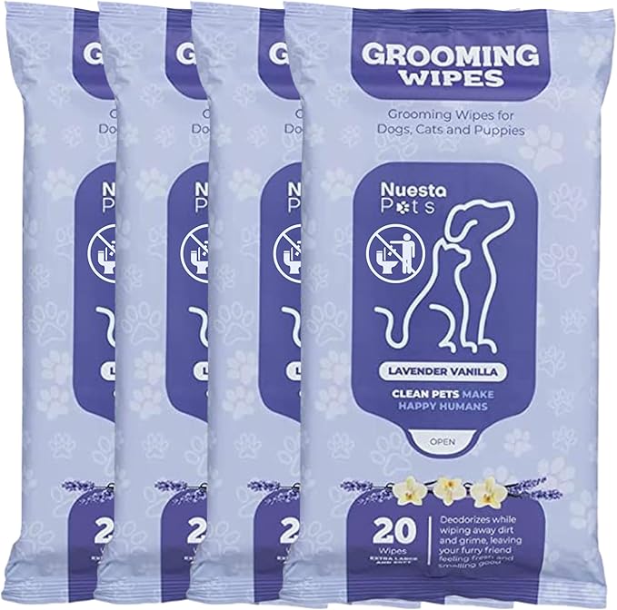 Pets XL Lavender Vanilla Pet Wipes-Deodorizing No Bath Cleaning for Dogs & Puppy Grooming | Ear, Face, Butt, Paw Wet Wipe | Enriched w/Aloe, Chamomile, Oat Amino Acids | Healthier Coat & Skin