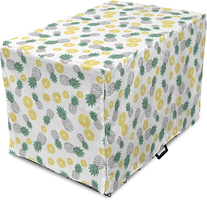 Lunarable Pineapple Dog Crate Cover, Doodle Style Whole and Sliced Pieces, Easy to Use Pet Kennel Cover for Cats & Medium Dogs, 24 Inch, White Yellow Jade Green