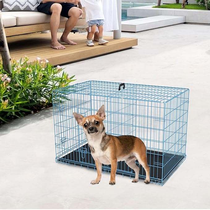 FDW 24 inch Dog Crate Dog Kennel Cage with Double Door Folding Metal Wire Dog Cage with Removable Tray&Divider Panel,Pet Crate for Small Dogs,Blue