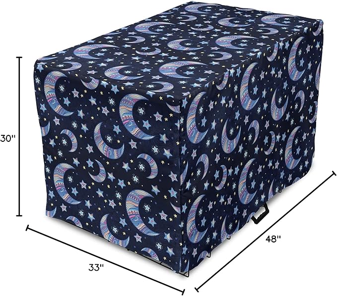 Lunarable Bohemian Stars Dog Crate Cover, Crescent Moon and Night Sky Elements Motif Curvy Background, Easy to Use Pet Kennel Cover for Medium Large Dogs, 48 Inch, Pink Blue