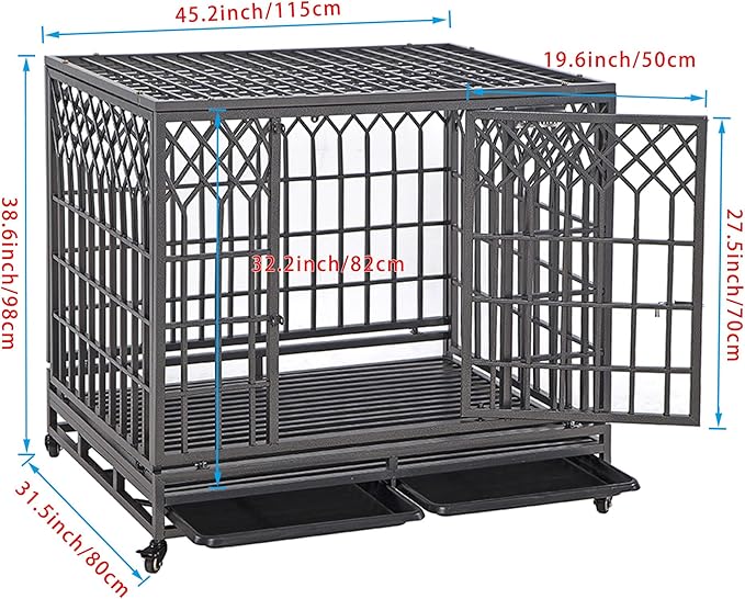 SMONTER 46" Heavy Duty Dog Crate Strong Metal Pet Kennel Playpen with Two Prevent Escape Lock, Large Dogs Cage with Wheels, Y Shape, Dark Silver …