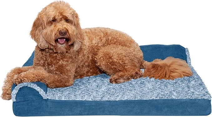 Furhaven Orthopedic Dog Bed for Large/Medium Dogs w/ Removable Bolsters & Washable Cover, For Dogs Up to 55 lbs - Two-Tone Plush Faux Fur & Suede L Shaped Chaise - Marine Blue, Large