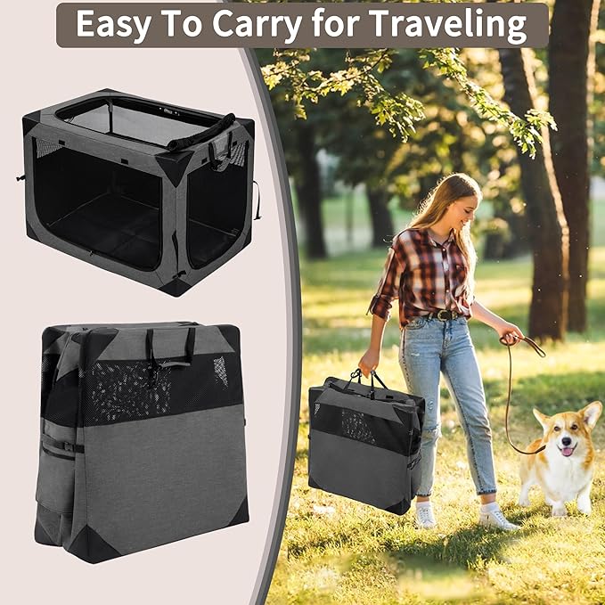 Dog Crates 30 Inch Collapsible Soft Dog Crate, 3-Door Foldable Soft Kennel for Medium Dogs, Portable Pet Travel Cage with Chew Proof Mesh Window for Outdoors