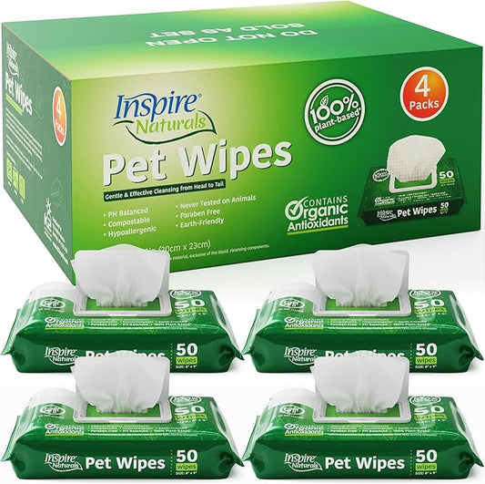 Inspire Naturals Pet Wipes for Dogs and Cats 100% Natural Plant Based with Organic Antioxidants, Dog Wipe Cleaning Deodorizing | Cat Wipes | Puppy Wipes | Dog Wipes for Paws and Butt (200ct - 4 Pack)