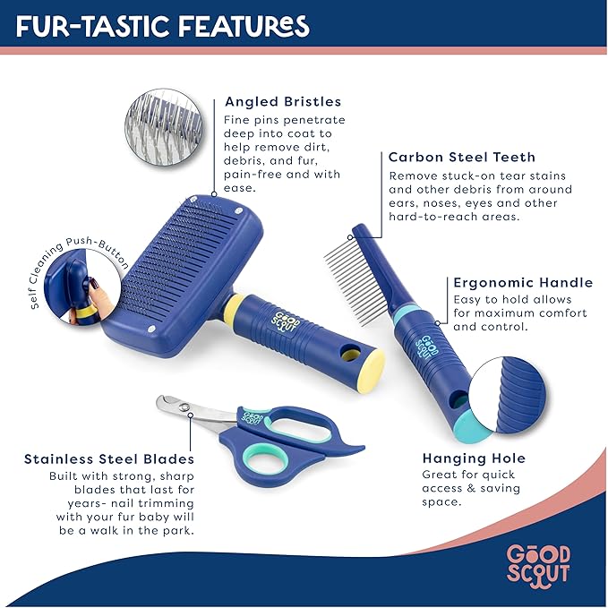 Good Scout 3-Piece Grooming & Deshedding Set with Pet Comb, Self-Cleaning Slicker Brush & Pet Nail Clippers, Best Deshedding Tool for Long or Short Haired Dogs & Cats, Gentle & Safe Grooming Tool