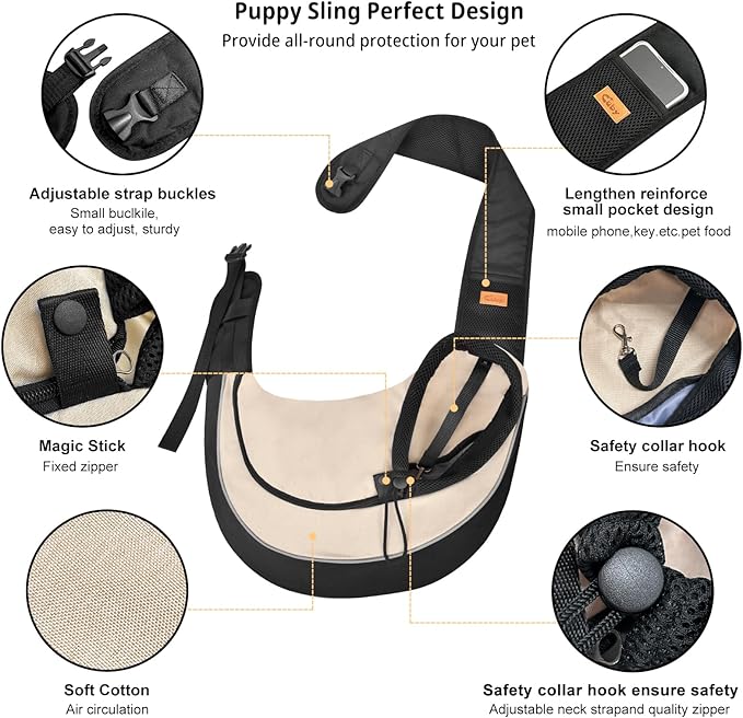 Cuby Pet Sling Carrier for Small Dogs Cats,Drawstring & Zipper Security Hook Triple Designs for Pets' Securty Dog Bag,Breathable Travel Pet Puppy Sling Carrier with Adjustable Strap(Beige,S (3-5 lbs))