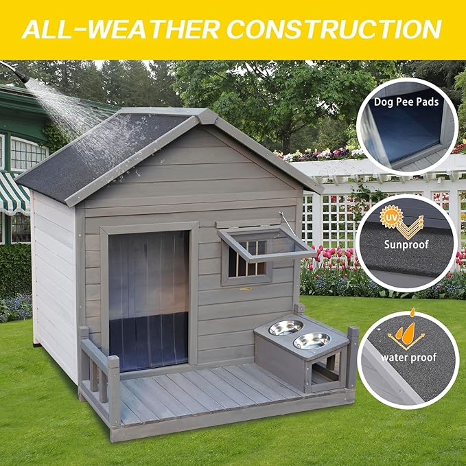 Outdoor Large Dogs House with Spacious Terrace,Open Waterproof Asphalt Roof Dog Kennel W/Breathable Window & 2 Feeding Stainless Bowls,Removable Floor Dog Cage for Large Dogs,Gray