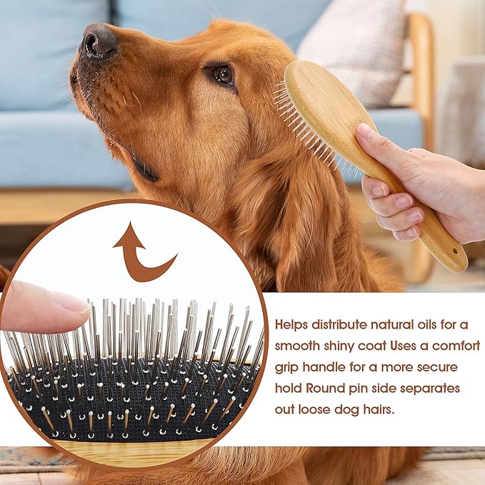 Molain Dog Grooming Brush - 20mm Stainless Steel Round Pins, Bamboo Handle, No Scratch Brush for All Hair Types (1Pc)
