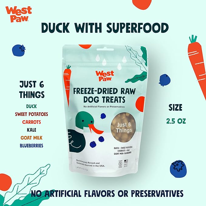 WEST PAW All-Natural Raw Freeze-Dried Dog Treats – Farm-Fresh Duck Training Treats for Dogs with Fiber, Beta Carotene, Vitamins A, E, C – Wholesome Canine Treat for Puppies, Senior Dogs – 2.5 Oz. …