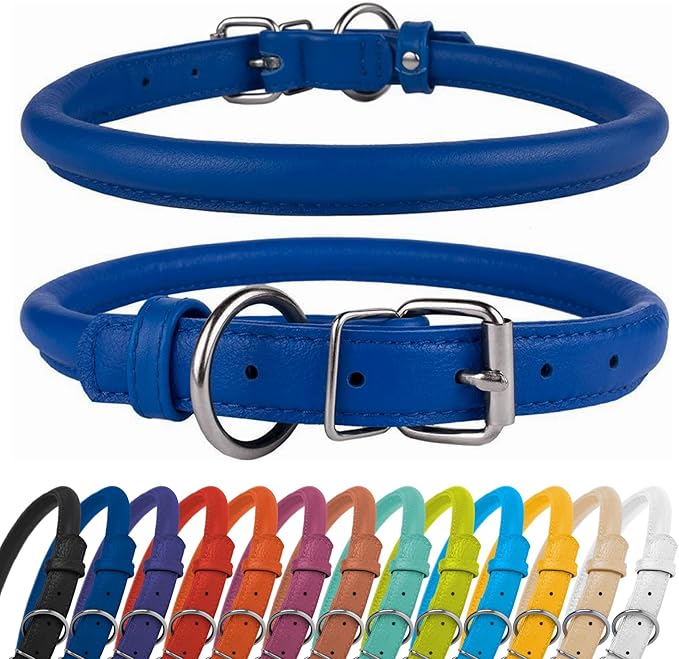 CollarDirect Rolled Leather Dog Collar, Soft Padded Round Puppy Collar, Handmade Genuine Leather Collar Dog Small Large Cat Collars 13 Colors (6-7 Inch, Deep Blue Textured)
