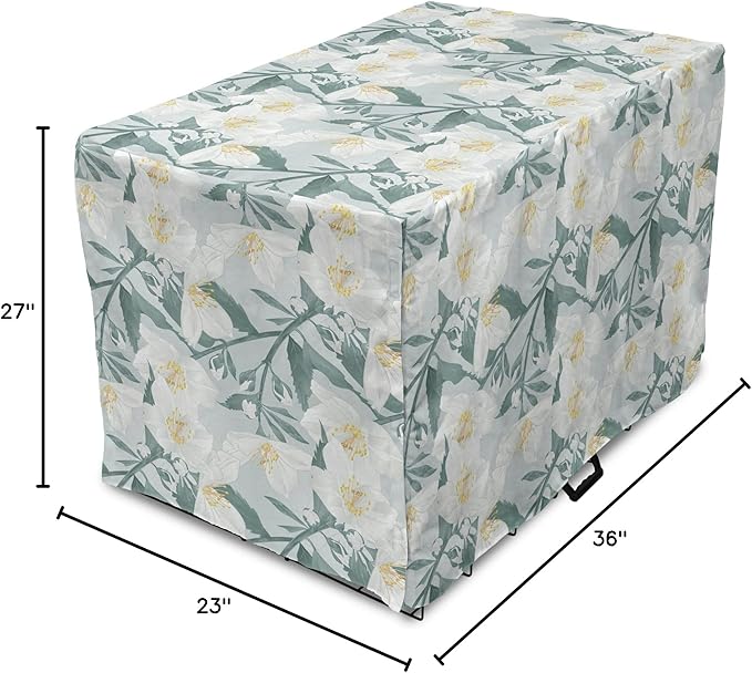 Lunarable Jasmine Dog Crate Cover, Delicate Pointy Petals Flower in Muted Tones, Easy to Use Pet Kennel Cover for Medium Large Dogs, 36 Inch, Pale Teal Pale Blue