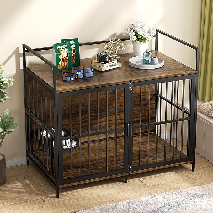 LOVMOR Dog Cage Furniture with Rotating Feeder Bowls, Dog Kennel Indoor with Cushion, Dog Crates for Large Dogs, 48" L X 30" W 43" H, Rustic Brown