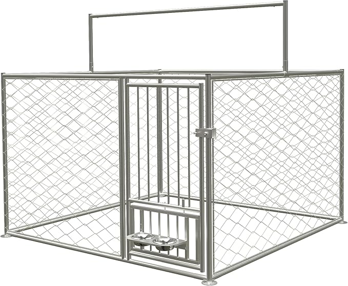 Large Outdoor Dog Kennel, Heavy Duty Galvanized Steel Dog Enclosure with Swivel Feeder, Chicken Coop w/Waterproof UV-Resistant Cover, Lockable Door Chain Link for Backyard (80" L x 80" W x 60" H)