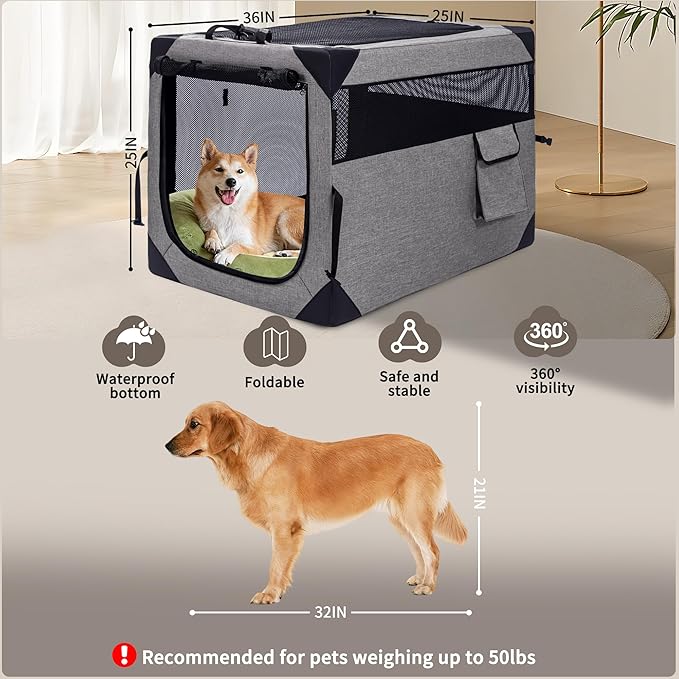 Dog Crates - 36 Inch Collapsible Soft Dog Crate, 3-Door Foldable Soft Kennel for Large Dogs, Portable Pet Travel Cage with Chew Proof Mesh Window for Outdoors