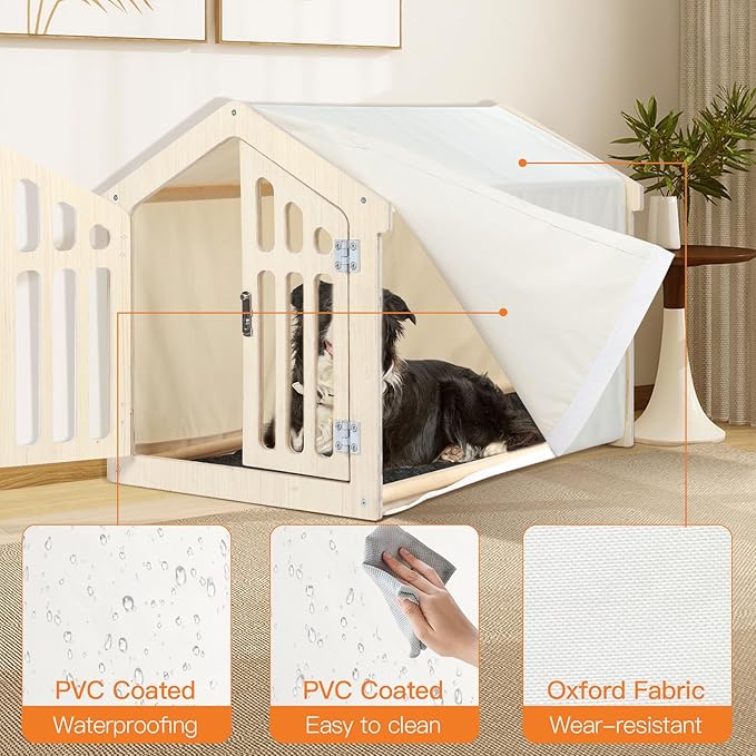 Dog House Indoor for Small Dogs & Medium Dogs 30”Lx21”Wx24”H, Wooden Board & Oxford Fabric & Felt Mat, Lockable Door, Easy Assembly, Wooden Color