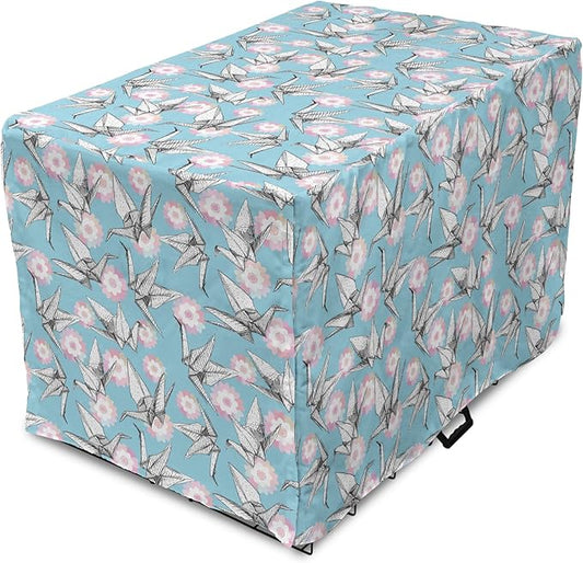Lunarable Origami Dog Crate Cover, Japanese Tradition Paper Cranes and Cherry Blossom Petals Spring, Easy to Use Pet Kennel Cover for Medium Large Dogs, 42 Inch, Pale Pink Pale Blue White