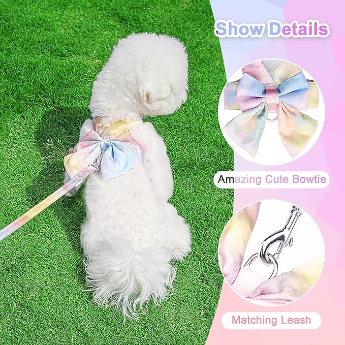 PETCARE Cute Bow Tie Dog Harness and Leash Set Elegant Rainbow Gradient Puppy Harness No Pull Soft Mesh Pet Cat Dog Vest Harnesses for Small Dogs Cats, Yellow