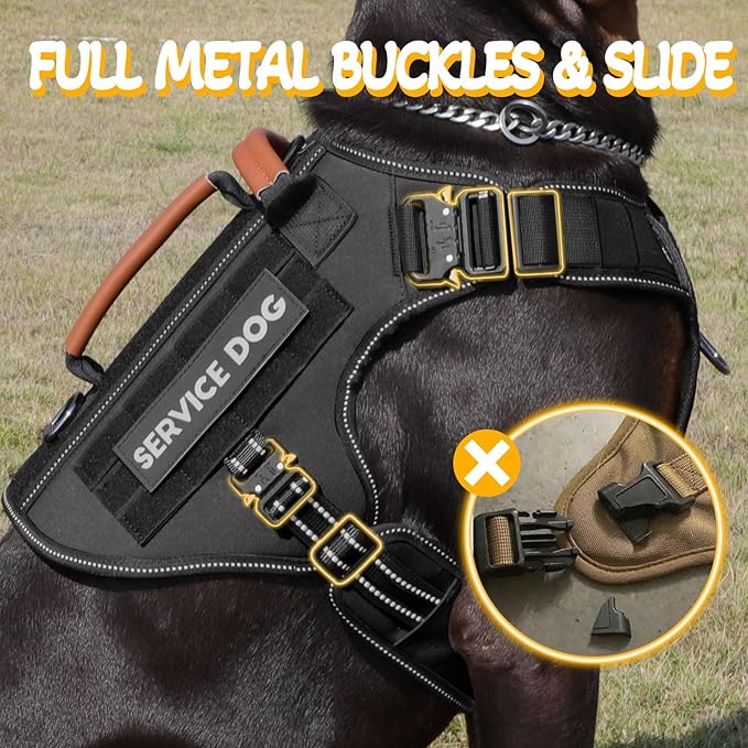 Service Dog Vest - HEYCAHVA Tactical Dog Harness Full Metal Buckles Dog Vest for Large Medium Dog Reflective No Pull Dog Harnesses Vest with Leather Handle, Hook & Loop for Hiking Training (Black, L)