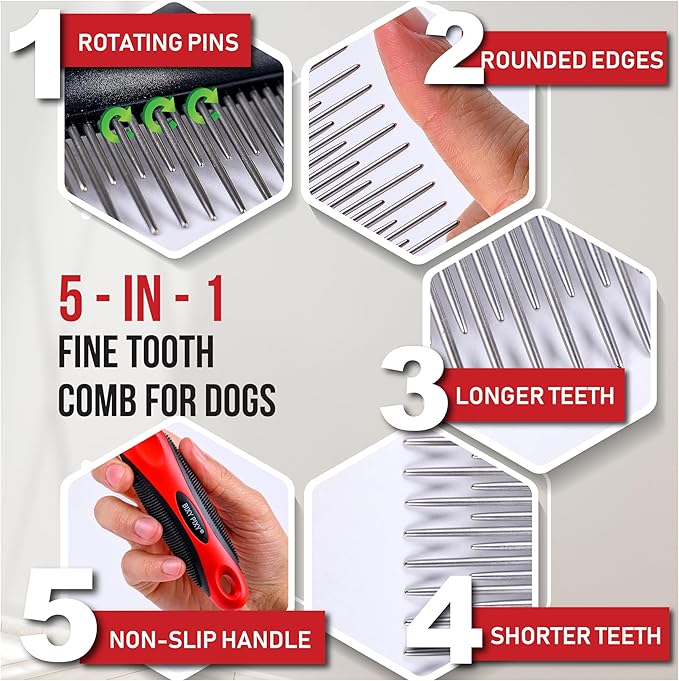 Poodle Comb with Rotating Teeth - 5-in-1 Dog Dematting Tool - Used for Small Size Breeds and Puppies - Cat Comb for Shedding and Deshedding