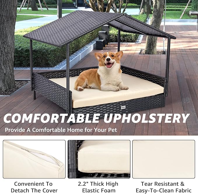 NATURAL EXPRESSIONS 2-in-1 Wicker Dog House,Elevated Dog Bed for Indoor/Outdoor with Removable Canopy,Large Dog House with Raised Pet Cot Cool, Breathable, Shade, waterrproof with Non-Slip Feet