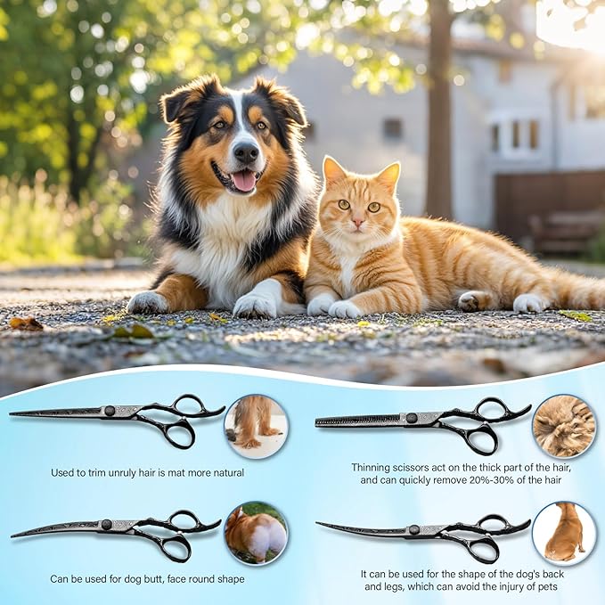 Dog Grooming Scissors,Black with Safety Round Tips,5 in 1 Curved Dog Scissors for Grooming,Professional Pet Grooming Shears Set for Dogs and Cats