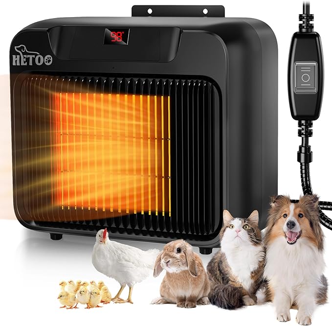 HETOO Dog House Heater with Thermostat, Wall-Mounted 600W/300W Dog Heater, 6.5Ft Anti Chew Cord, Overheat Protection, Safe Fast Heating for Dog Kennel, Cat Houses, Chicken Coops, Black