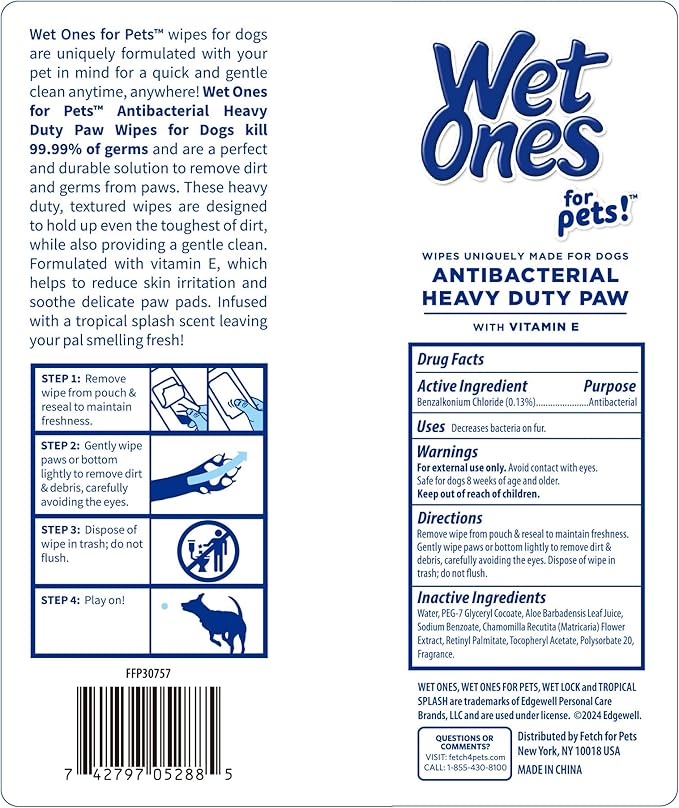 Wet Ones for Pets Antibacterial Heavy Duty Paw Wipes, 50ct, Tropical Splash Scent | Thick Dog Cleaning Wipes, Durable Disposable Dog Wipes for Paws, Scented Dog Wipes