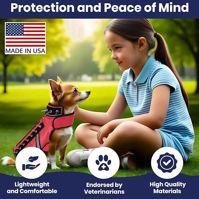 CoyoteVest SpikeVest Dog Harness Vest for Small Dogs, Reflective Dog Vest with Spikes to Shield Your pet from Coyotes, Raptor and Animal Attacks, Anti Hawk Vest, Made in USA (S-Red)